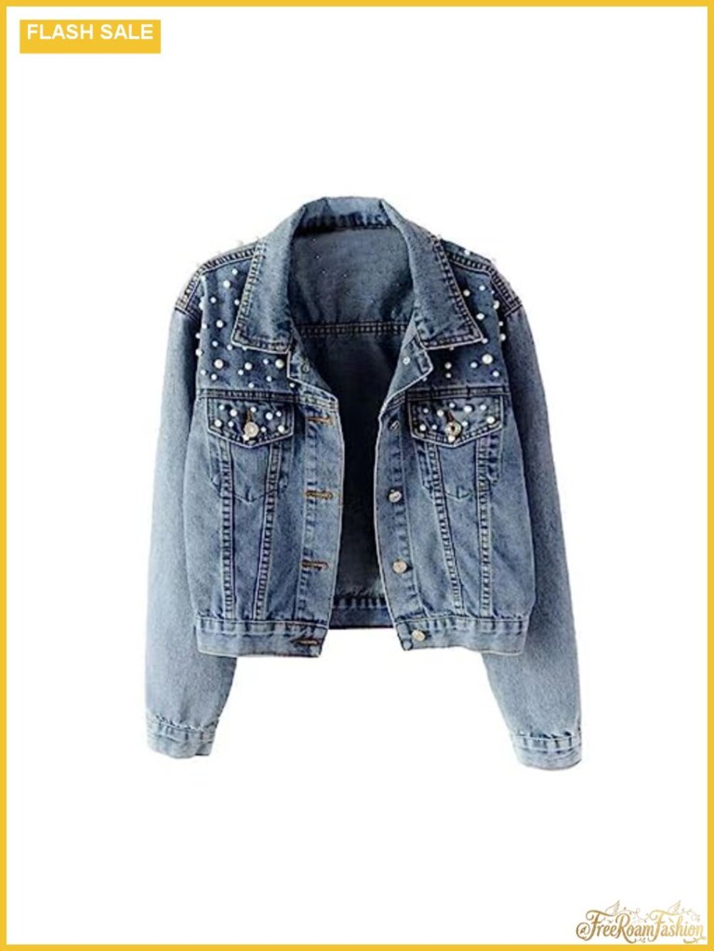 Oversize Pearl Embroidered Ripped Distressed Denim Jacket Long Sleeve